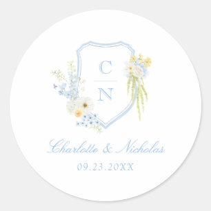 Buttergelb blaue florale Monogramm-Wappen-Hochzeit Runder Aufkleber