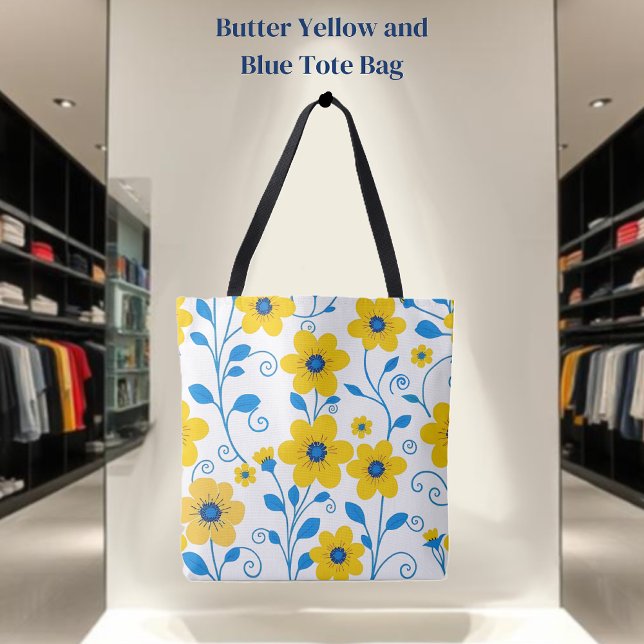 Buttergelb und blau (Butter Yellow and Blue Floral Tote Bag in White)