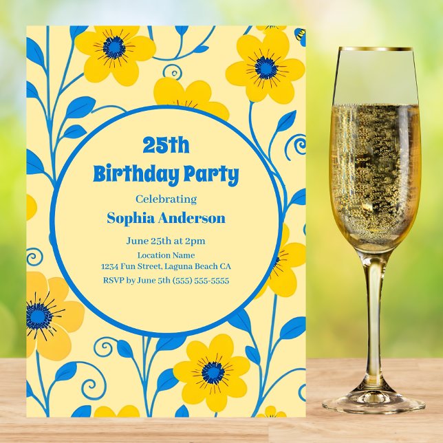 Buttergelb und blau Florals-Geburtstag Einladung (Butter Yellow and Blue Florals-Birthday Invitation )