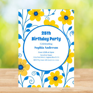 Buttergelb und blau Florals-Geburtstag Einladung