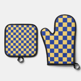 Buttergelb und blau kariertes Brettmuster Ofenhandschuh & Topflappen-Set