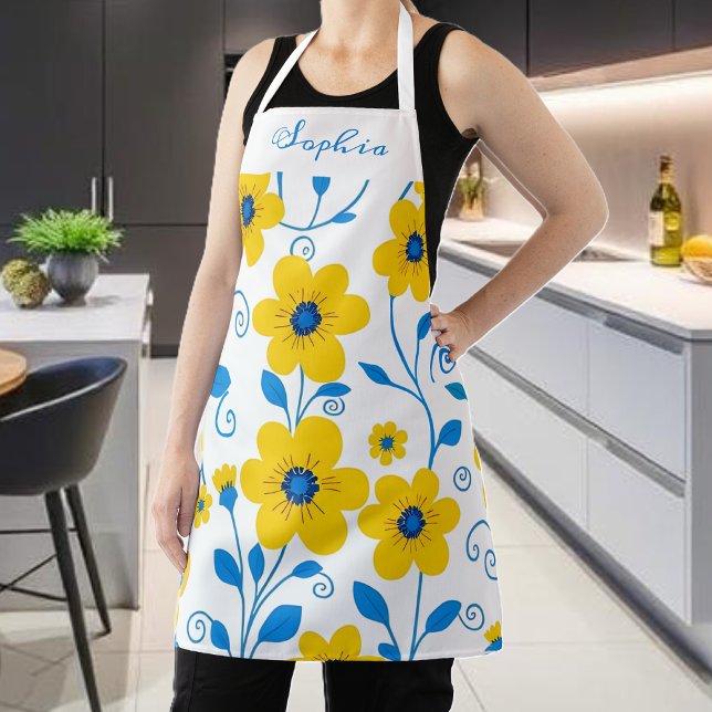 Buttergelb und blau schürze (Butter Yellow and Blue Floral Apron in White)