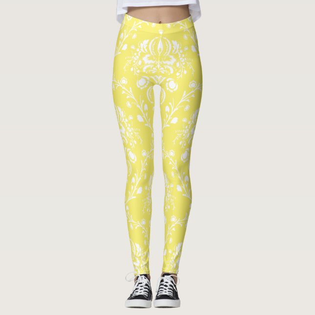 Buttergelb und weißer Damast Leggings (Vorderseite)