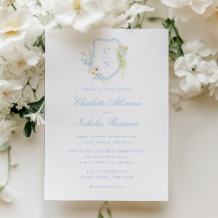 Buttergelbe blaue Blumen-Monogramm-Wappen-Hochzeit Einladung