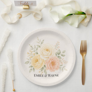 Buttergelbe Pfirsich- und Elfenblumen-Hochzeit  Pappteller