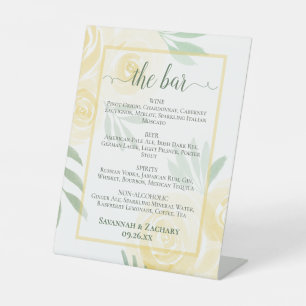 Buttergelbe Rosen Hochzeitsgetränke oder Bar Menu Sockelschild