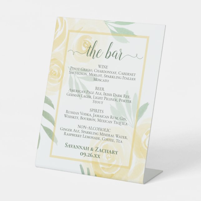 Buttergelbe Rosen Hochzeitsgetränke oder Bar Menu Sockelschild (Vorderseite)