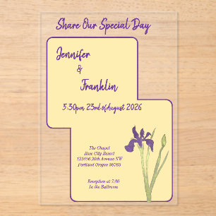 Buttergelbe und violette Iris Aquarell-Hochzeit Acryleinladungen
