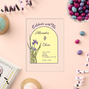 Buttergelbe und violette Iris Aquarell-Hochzeit Acryleinladungen
