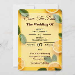 Buttergelbe Zitrus-Hochzeit Termin vormerken Save The Date