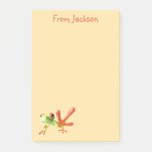 Buttergelber grüner und orangefarbener Frosch Post-it Klebezettel (Vorderseite)