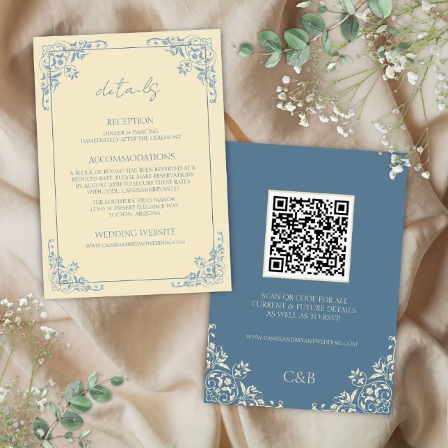 Buttergelber QR-Code - Detailkarte Einladung (Elegant butter yellow and dusty blue formal elegant vintage wedding details enclosure cards inserts)