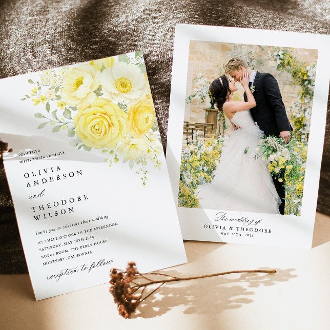 Buttergelbes Elfenbein Blumen Hochzeitsfoto Einladung (butter yellow photo back wedding invitation ivory floral yellow rose wedding invitation stationery)
