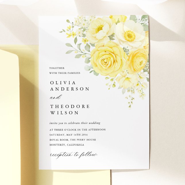 Buttergelbes Elfenbein Florales Hochzeit Einladung (butter yellow ivory floral wedding invitation yellow rose invitation elegant wedding stationery)