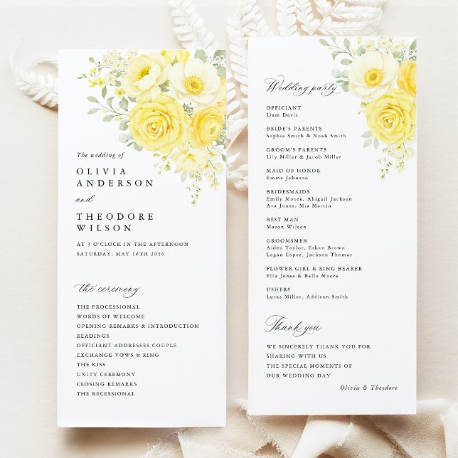 Buttergelbes Elfenbein Florales Hochzeitszeremonie Programm (butter yellow ivory floral wedding program card, ceremony program front and back, elegant stationery)