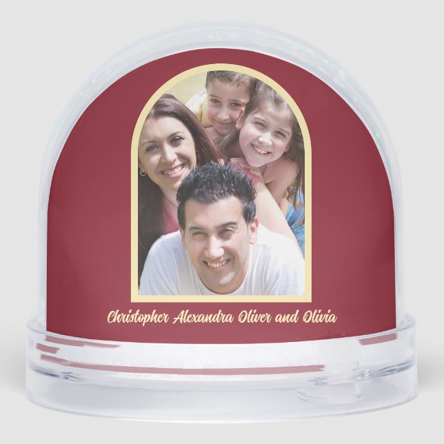 Buttergelbes tiefrotes Foto Schneekugeln (Rückseite)