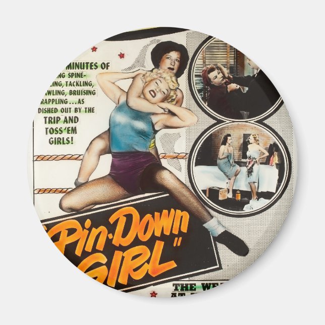 Button Down Girl Vintage Lady Wrestlers Poster Magnet (Vorne)