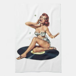 Button herauf das Mädchen, das auf Aufzeichnung Küchentuch