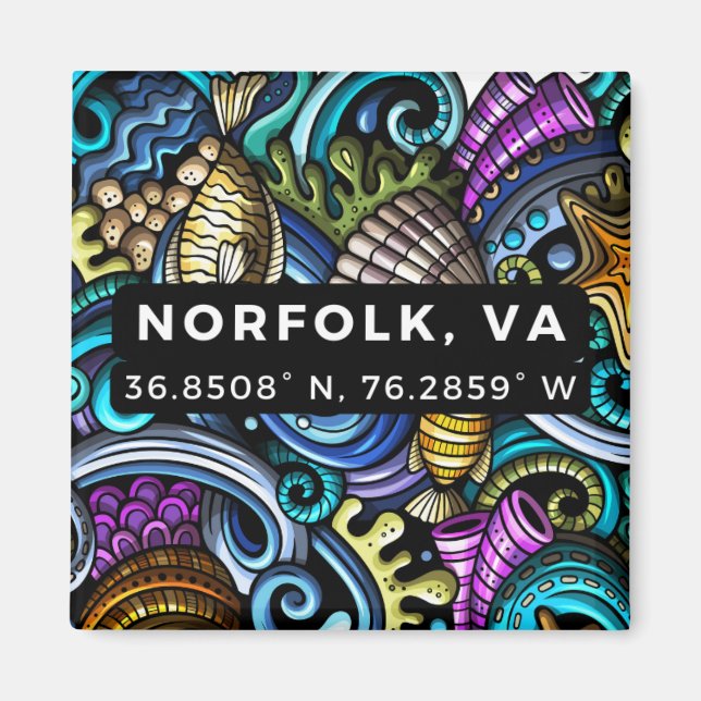 Button Magnet - Koordinaten von Norfolk, VA (Vorne)