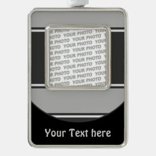 Button RETRO STRIPES + Ihr Foto & Text Rahmen-Ornament Silber