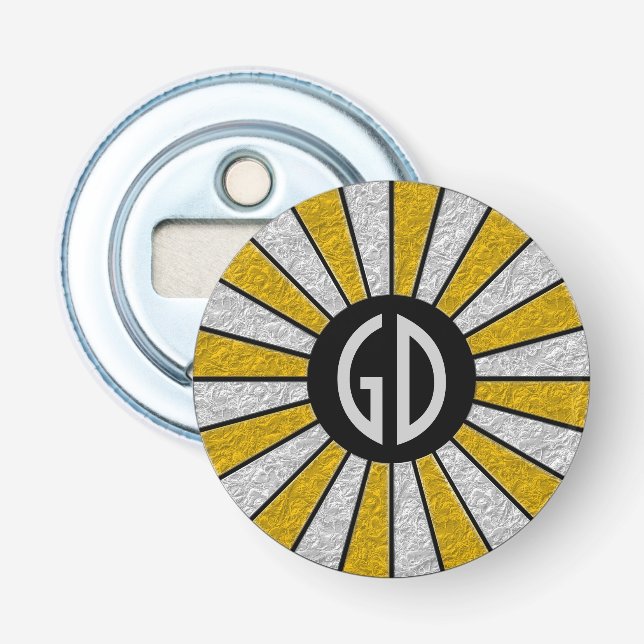 BUTTON ROUND RAYS Silber Gold + Ihr Monogramm Flaschenöffner (Vorderseite)