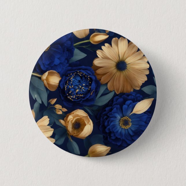 Button."Royal Indigo Florals: Luxuriös dunkelblau Button (Vorderseite)