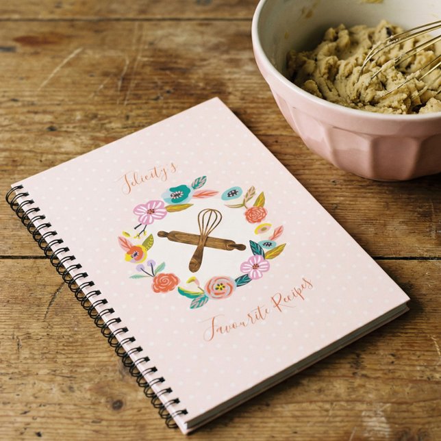Button- und Blattwalzmittel Notizblock (Farmhouse Floral Rolling Pin & Whisk Recipe Notebook)