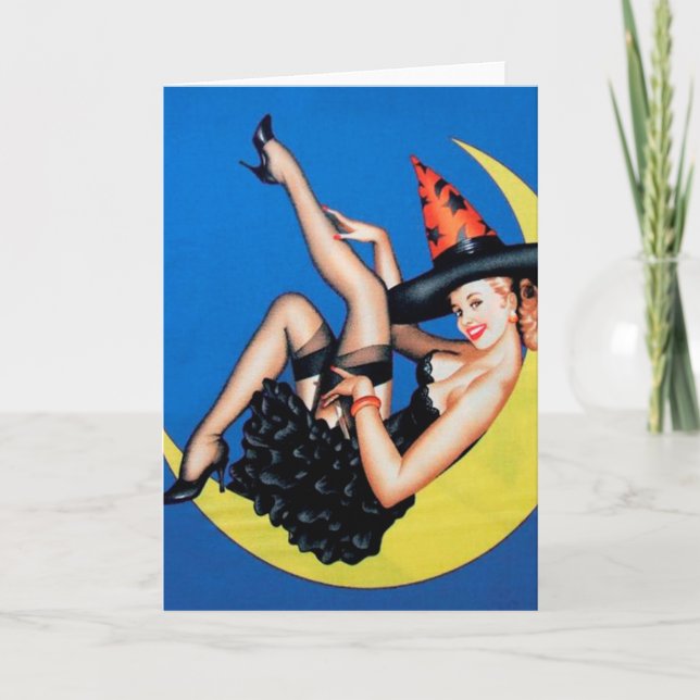 Button-Up Girl Hexe auf der Mond Halloween Card Karte (Vorderseite)