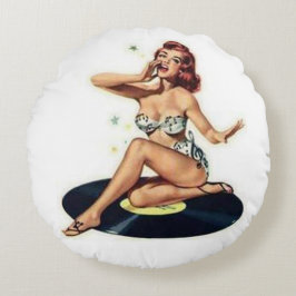 Button Up Girl on Record Round PIllow Rundes Kissen