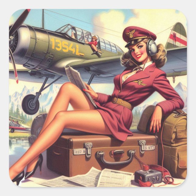 Button-Up-Illustration des Vintagen Flugzeugs Quadratischer Aufkleber (Vorderseite)