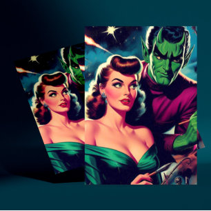 Button zur Retro-Science Fiction Postkarte