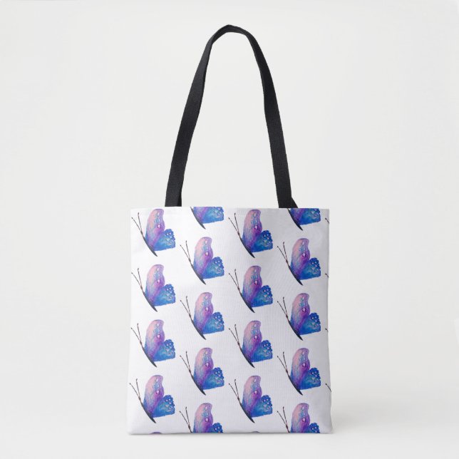 Buutterflies Blau, Lila Aquarellkunst Tasche (Vorderseite)