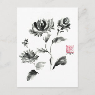Buzzz, Sumi-e-Rose mit Biene Postkarte