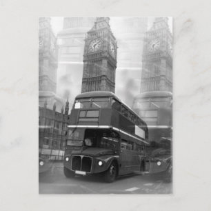 BW Black & White London Bus & Big Ben Postkarte