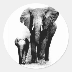 BW Elephant & Baby Elephant Runder Aufkleber