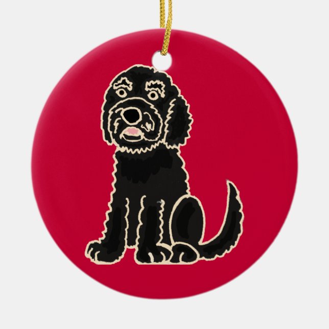 BW entzückende schwarze Labradoodle Verzierung Keramik Ornament (Vorne)