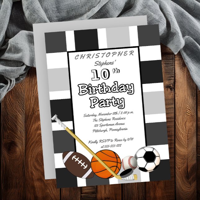 BW Farbblock Alle Star Sports Birday Party Einladung (Gray | White Blocks Sports All Star Sports Birthday Party Invitation)