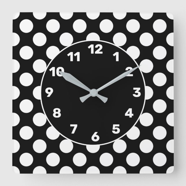 BW Polka Dot Square Wall Clock Quadratische Wanduhr (Vorderseite)