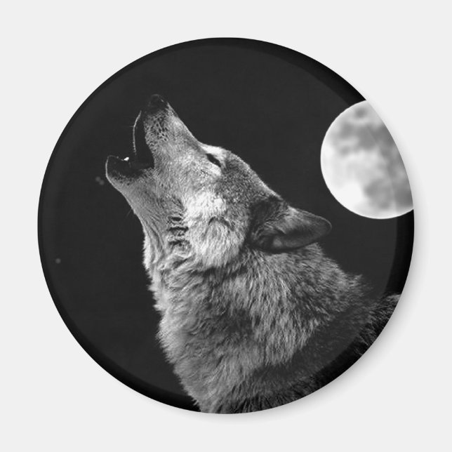 BW Wolf Howling auf dem Mond Magnet (Vorne)
