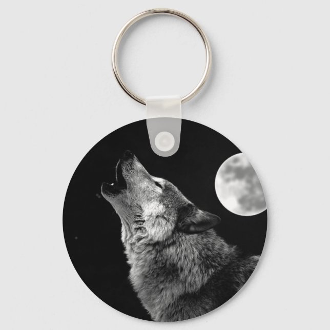 BW Wolf Howling auf dem Mond Schlüsselanhänger (Vorderseite)