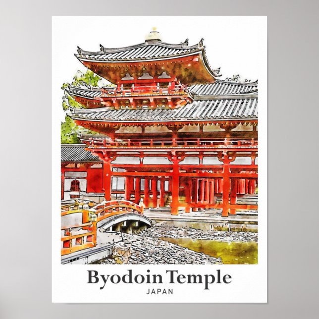 Byodoin Temple Japan Reisen Wasserfarbe Hand gezog Poster (Vorne)