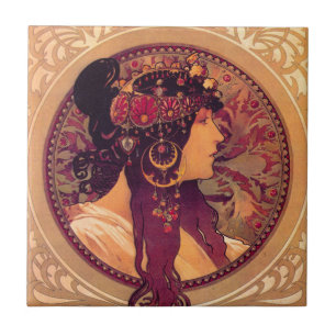Byzantinische Köpfe: Brünette Alfons Mucha Fliese