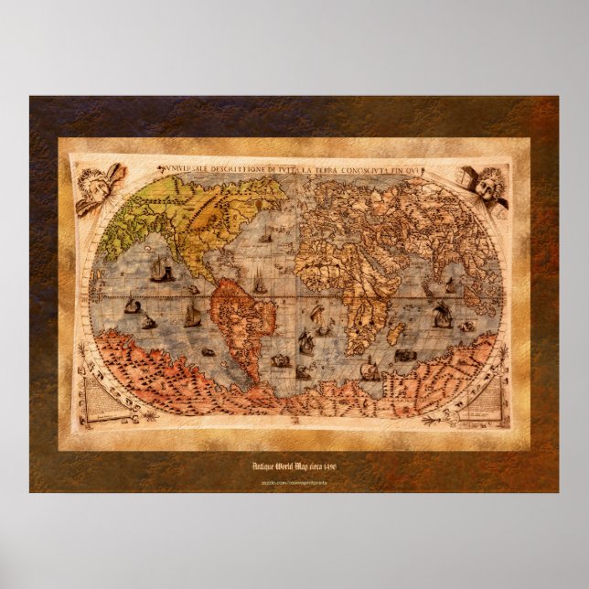 c1490 Antique World Map Art w Bio Grenze Poster (Vorne)