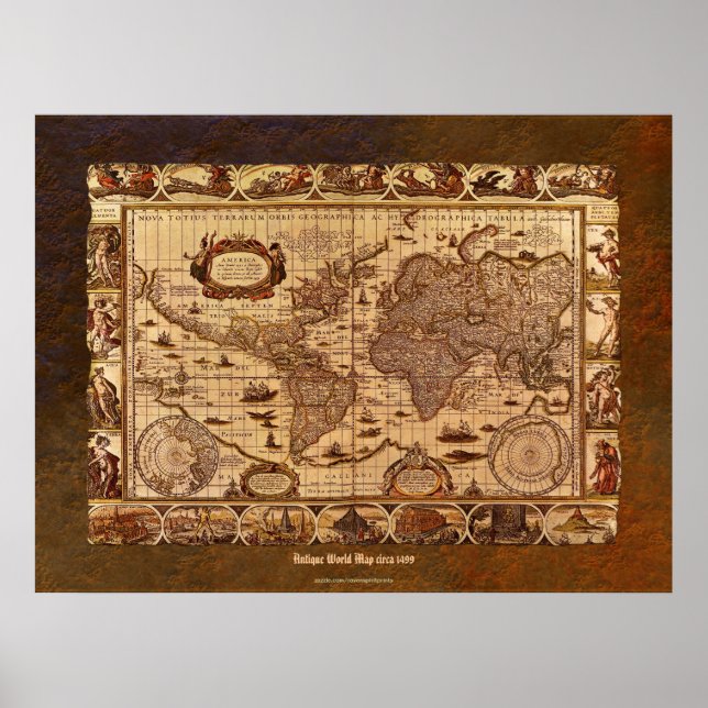 c1499 Antique World Map Art w Bio Grenze Poster (Vorne)