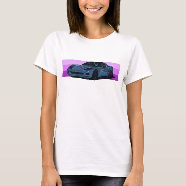 C6 Blue Corvette Sportscar mit rosa Streifen T-Shirt (Vorderseite)