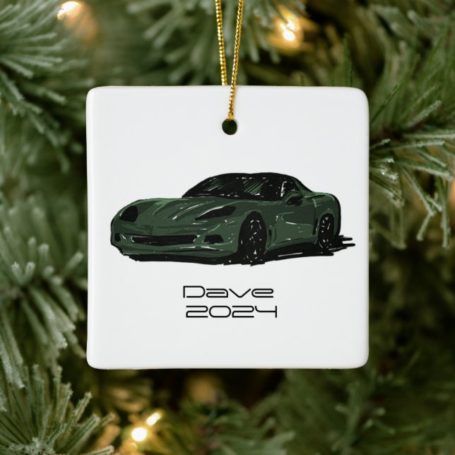 C6 Corvette Sportwagen Green Hand Zeichnung Skizze Keramikornament (Baum)