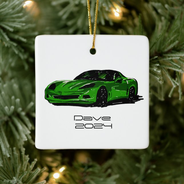 C6 Corvette Sportwagen Green Hand Zeichnung Skizze Keramikornament (Baum)