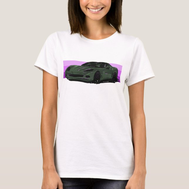 C6 Dunkelgrüne Korvette Sportwagen mit rosa Streif T-Shirt (Vorderseite)