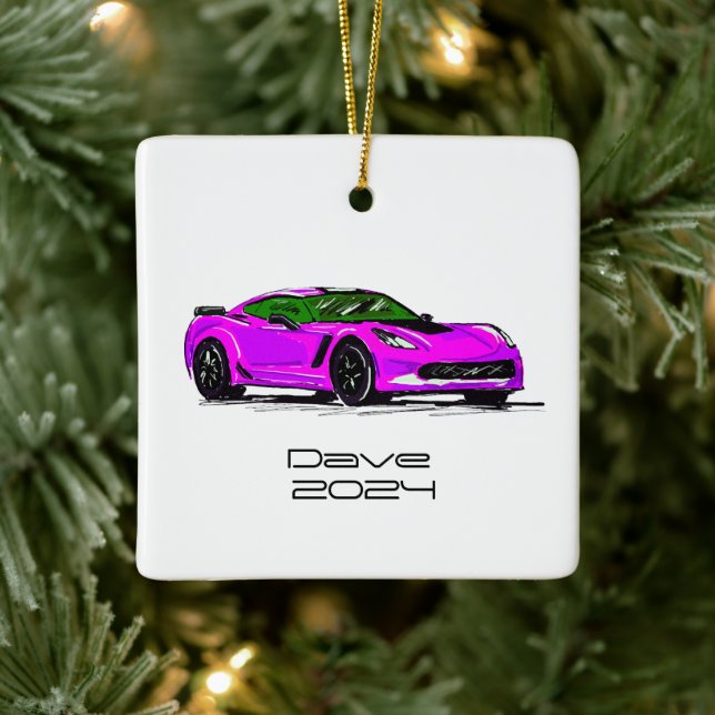C7 Corvette Sports Car Pink Handgezeichnete Skizze Keramikornament (Baum)