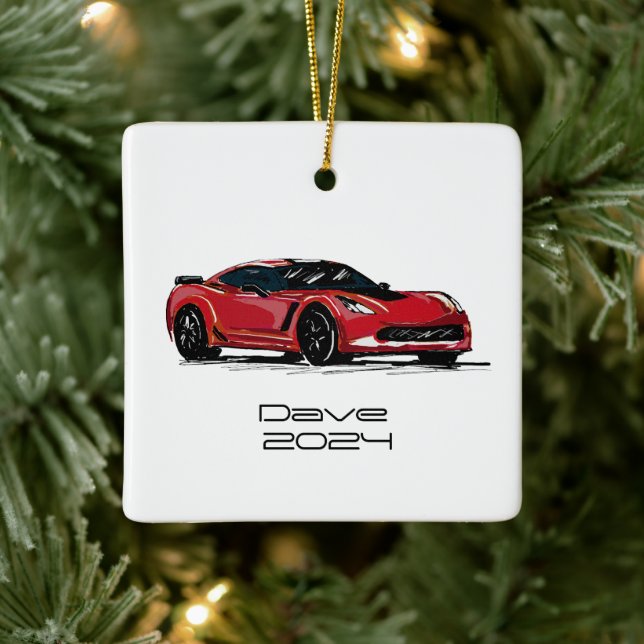 C7 Corvette Sportwagen Rote Hand Zeichnung Skizze Keramikornament (Baum)